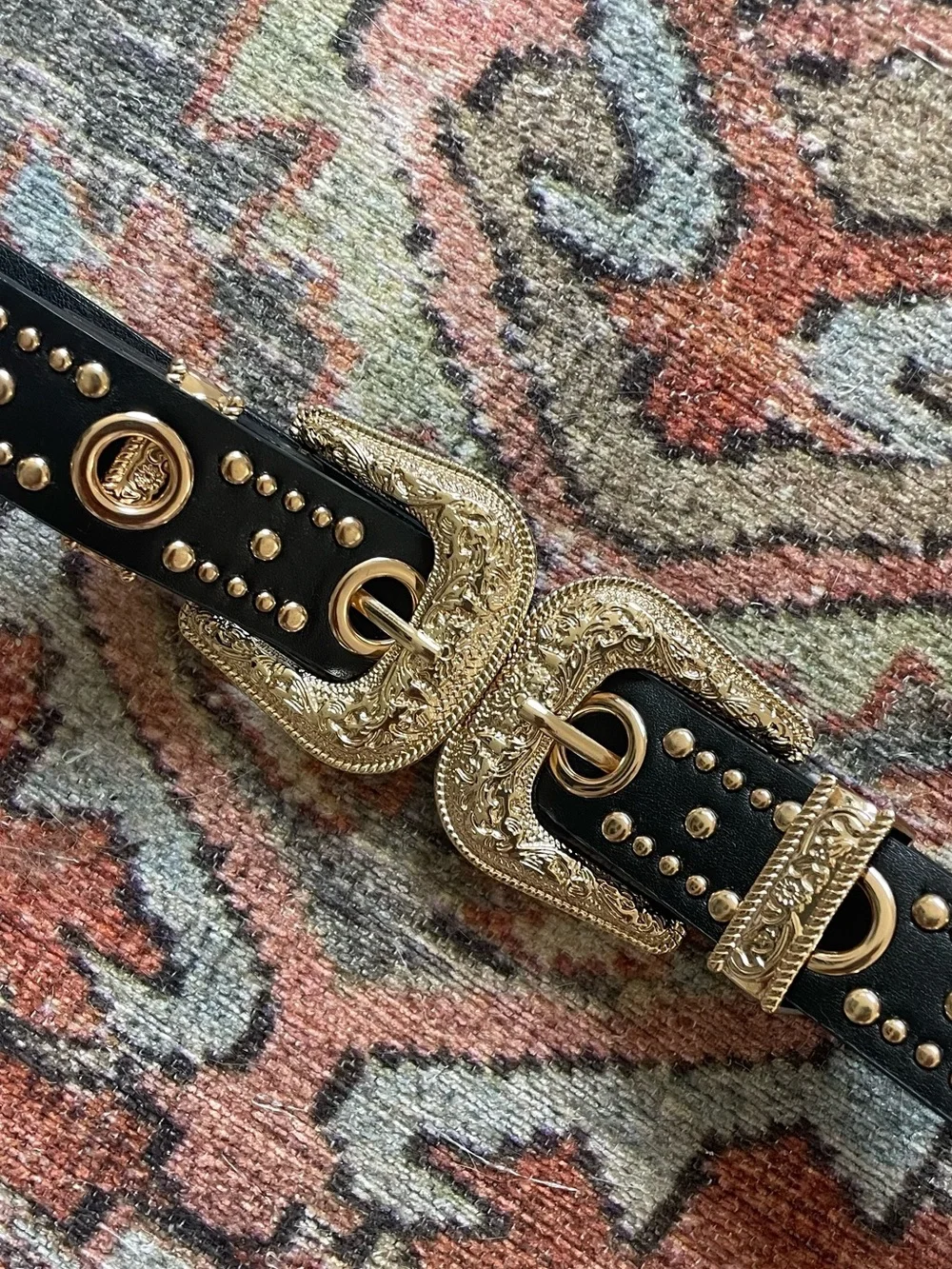 Fashion Nova Black Belt with Ornate Gold Western Buckles